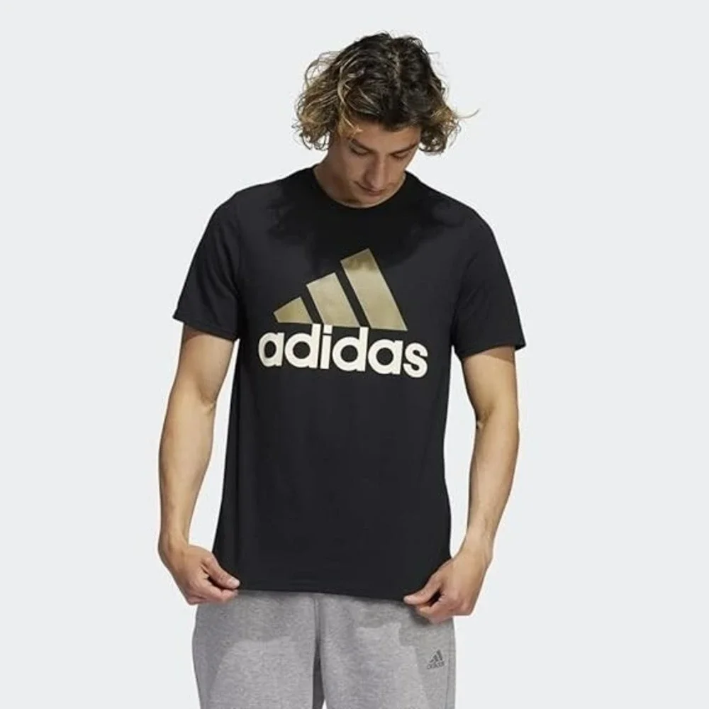 Adidas Men's Badge of Sport Logo T-Shirt Black Orbit Green Cotton Shirt Size M‎
